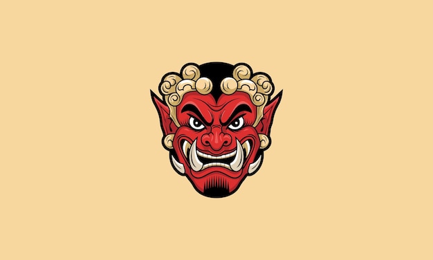 fierce red demon mask with sharp tusks and intense expression