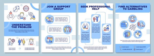 Fighting gambling addiction blue brochure template. Booklet print design with linear icons. Vector layouts for presentation, annual reports, ads. Arial-Black, Myriad Pro-Regular fonts used