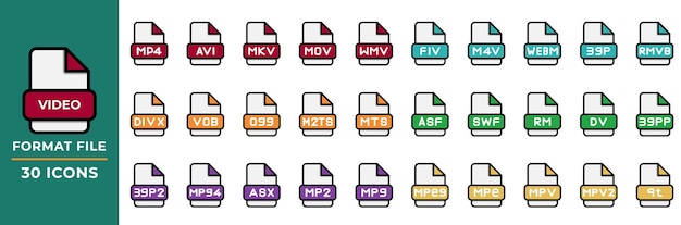 file format video icons set in flat style collection of file extension symbols vector illustration