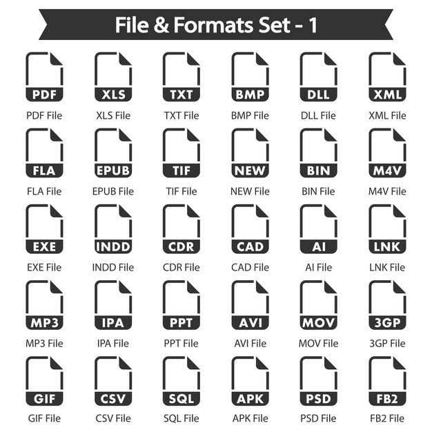 File Formets 1 Black Icon Set