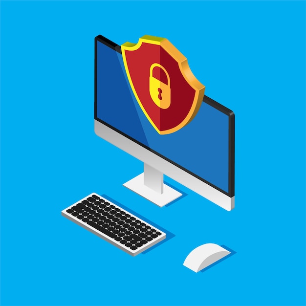 File protection. Data security and privacy. Safe confidential info. Computer monitor and red shield
