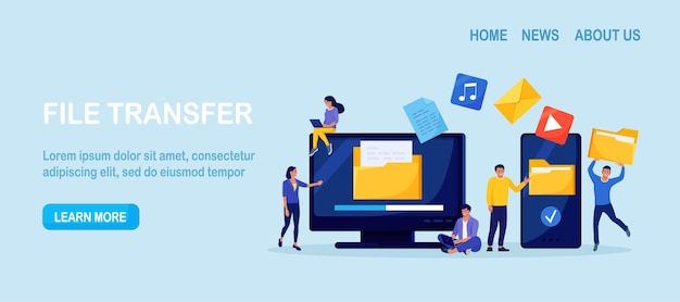 File Transfer Computer phone with folders on screen transferred documents Copy files data exchange backup Saving document on storage Digital data migration between devices People sharing files