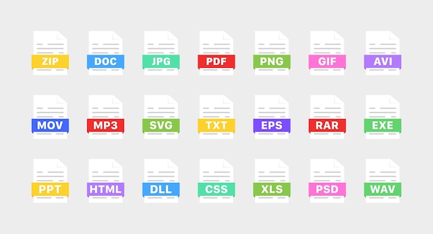 File type collection icons Flat style Vector icons