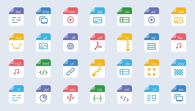 File type icon set Popular files format and document in flat style design Format and extension of documents Set of graphic templates audio video image system archive code and document file
