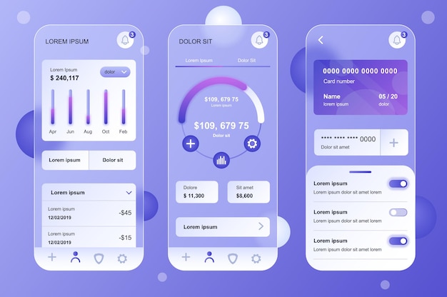 Finance glassmorphic design neumorphic elements kit for mobile app UI UX GUI screens set