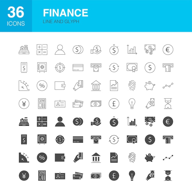 Finance Line Web Glyph Icons. Vector Illustration of Money Outline and Solid Symbols.
