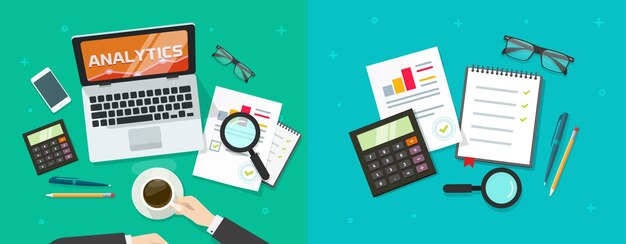 financial analysis audit report on accountant person man work desk top view or office manager
