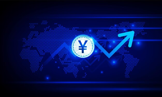 financial chart with moving up arrow yuan of chinese money graph and world map in stock market on blue color background concept innovation background vector design