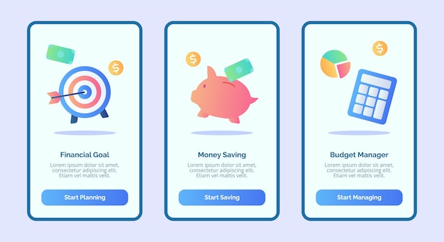financial goal money saving budget manager for mobile apps template banner page ui with three variations modern flat color style 