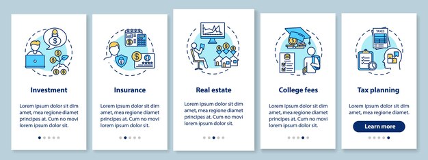 Financial literacy application onboarding mobile app page screen with concepts