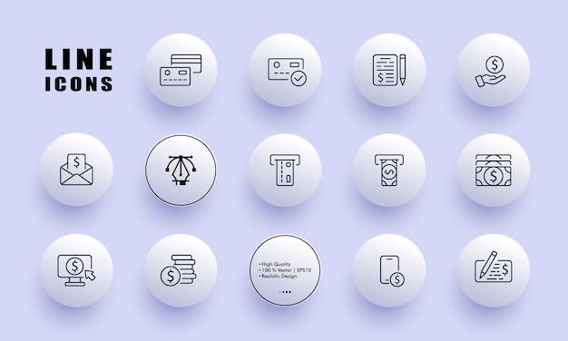 Financial management set icon Banking bank card dollar write a check checkmark accounting report cash register bill currency online Business concept Neomorphism style Vector line icon