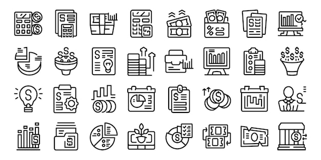 Financial planner icons set outline vector Money account Business budget