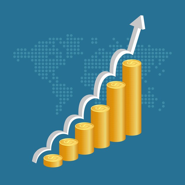 Financial success concept. Stacks of golden coins with graph and world map background.