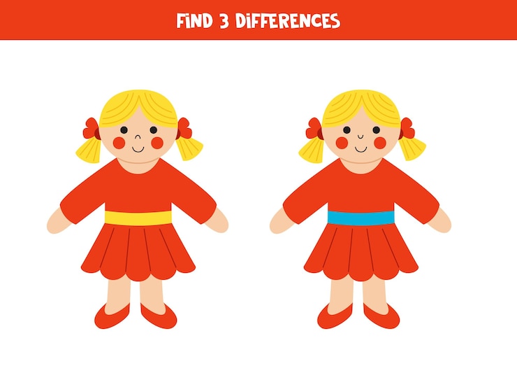 Vektör find 3 differences between two cute cartoon dolls