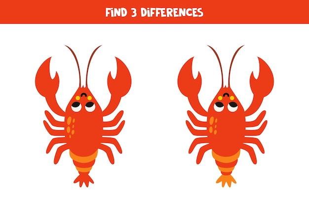 Find 3 differences between two cute cartoon lobster