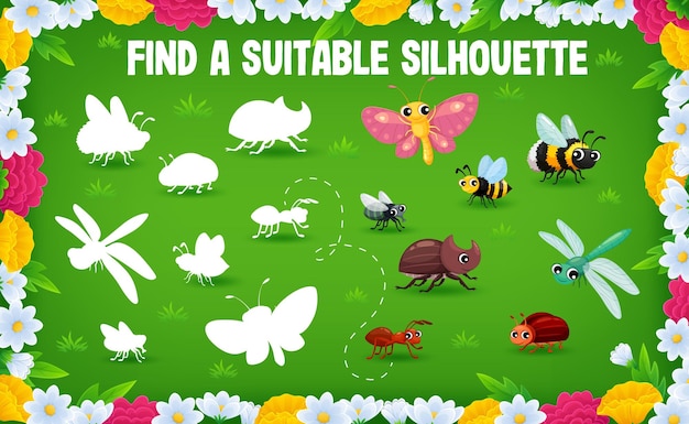 find a correct shadow of cartoon insect characters