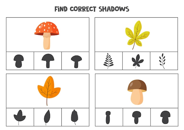 Find correct shadow of autumn leaves and mushrooms. Printable clip card games for children.