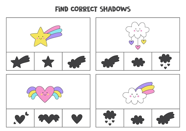 Find correct shadow of cute kawaii pictures. Printable clip card games for children.