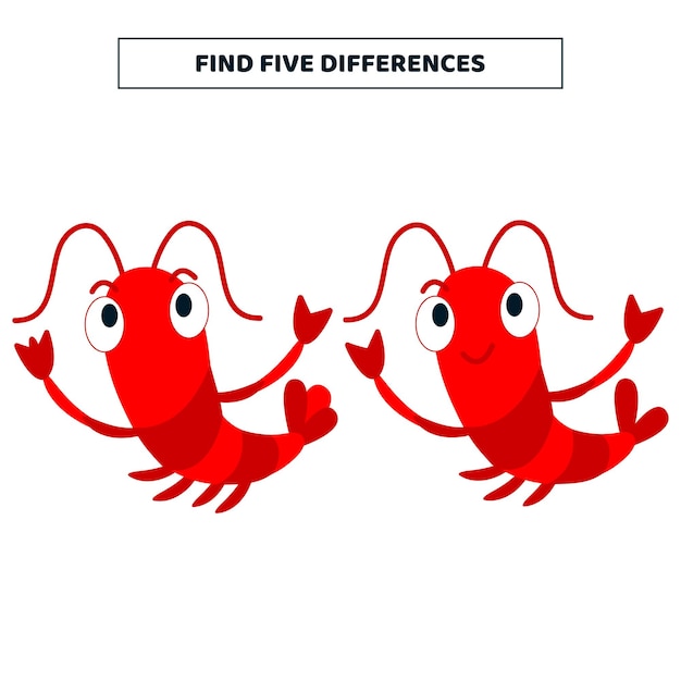 Find five differences between cartoon shrimp Educational game for kids