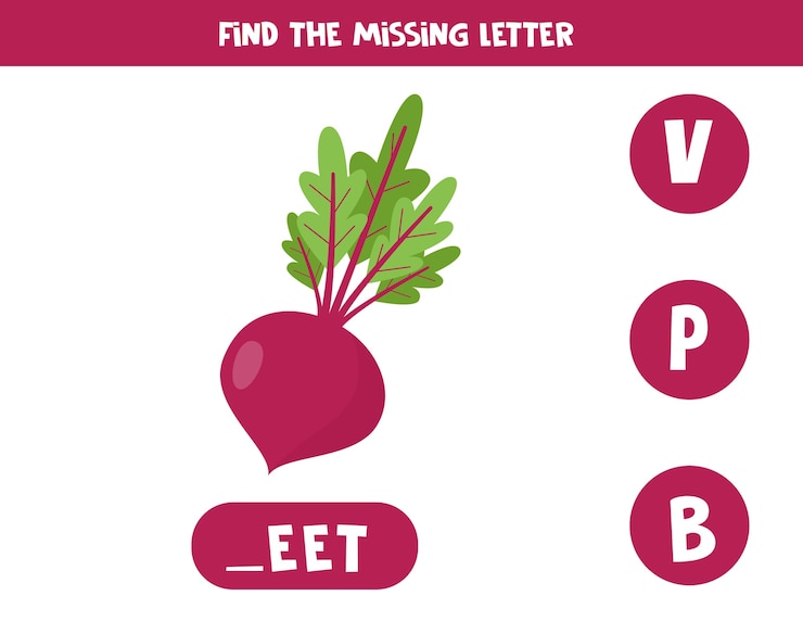Vektör find missing letter. educational spelling game for kids.   illustration of cute cartoon beetroot. practicing english alphabet. printable worksheet.