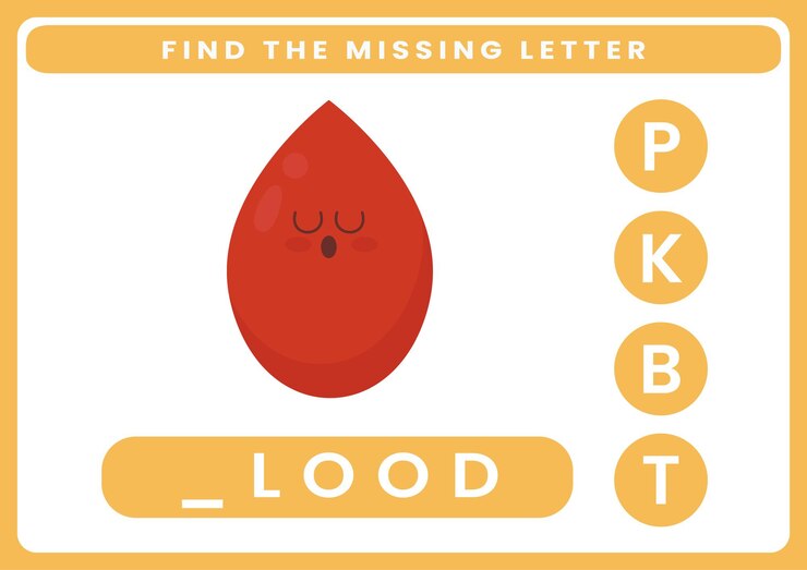 Vektör find missing letter of cute cartoon human anatomy and organ worksheet for kids