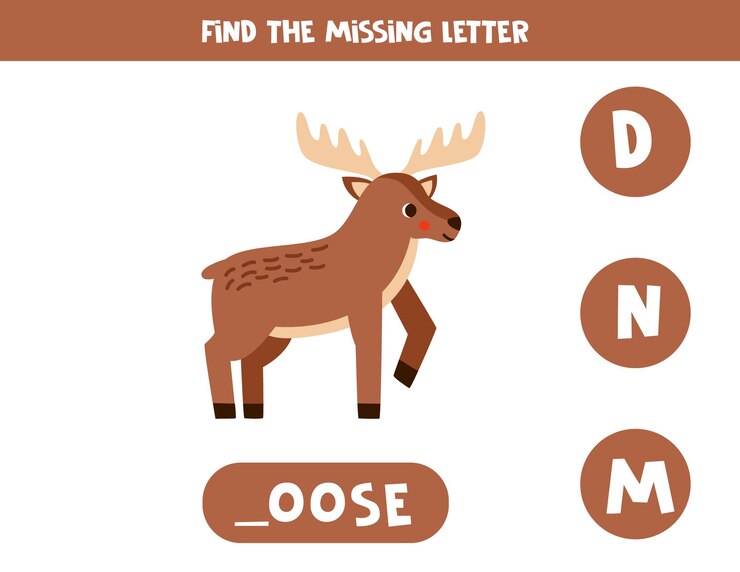 Vektor find missing letter with cartoon moose spelling worksheet