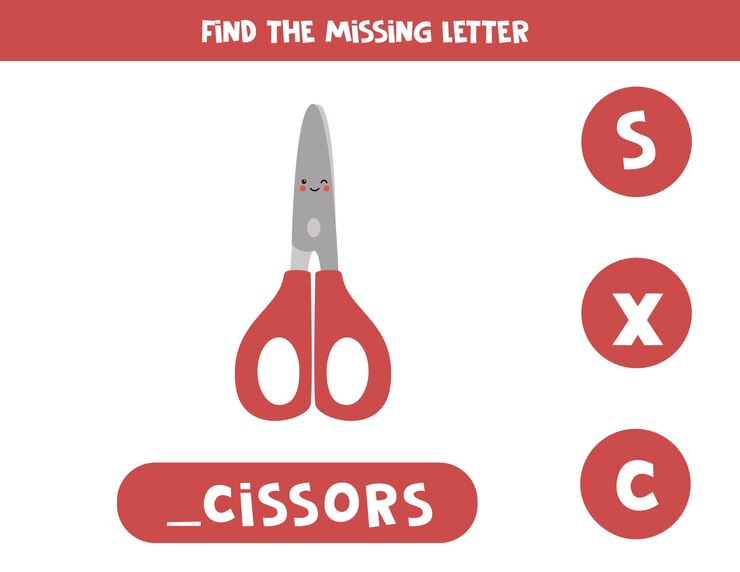 Vektör find missing letter with cute scissors spelling worksheet