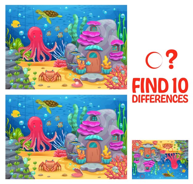 Find ten differences in underwater ocean landscape