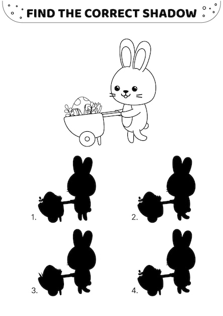 Find the correct shadow Black and white Rabbit with barrow Shadow matching game Vector