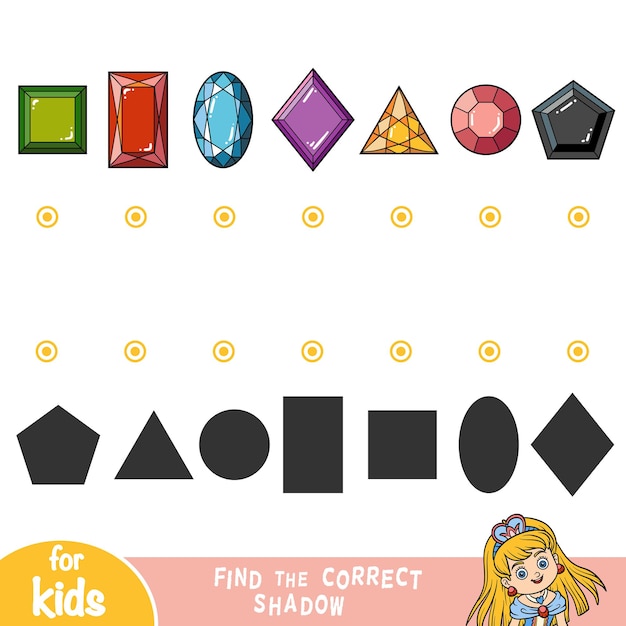 Find the correct shadow, education game for children, Gemstones. Set of geometry shapes