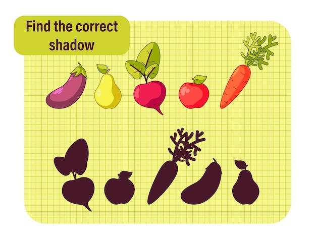 find the correct shadow game with fruits and vegetables cartoon vector illustration educational game for children