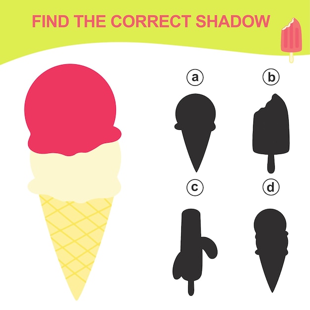Find the correct shadow Matching ice cream with the shadow Worksheet for kid Vector file