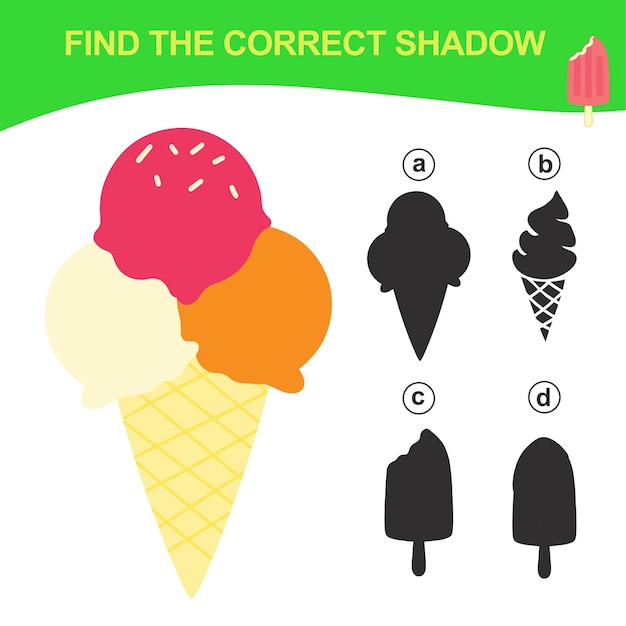 Find the correct shadow Matching ice cream with the shadow Worksheet for kid Vector file