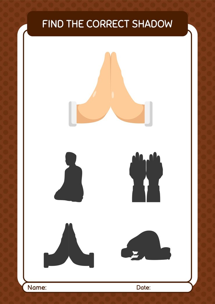 Vektör find the correct shadows game with praying worksheet for preschool kids kids activity sheet