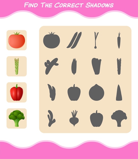 find the correct shadows of cartoon vegetables. searching and matching game. educational game for pre shool years kids and toddlers