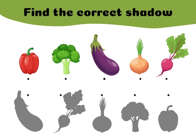 find the right shade of vegetables and connect them a simple logic exercise vector illustration