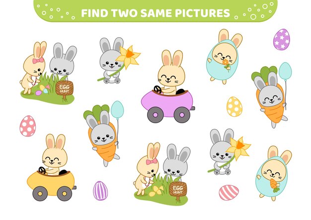 find two same pictures egg hunt easter feast game for children cartoon vector eps 10