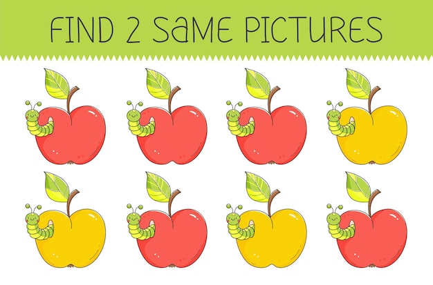 find two same pictures is an educational game for kids with apple and caterpillar apple with worm