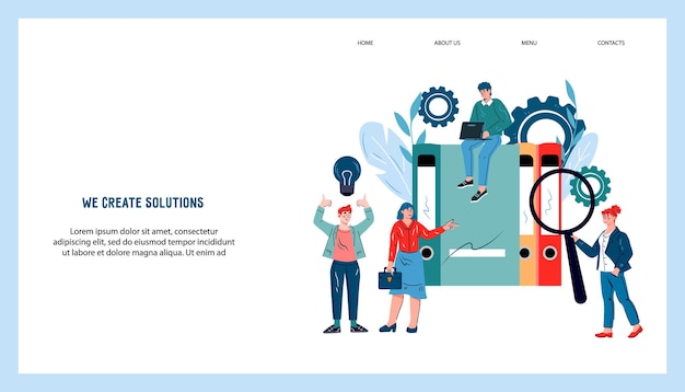 Finding business solution web site banner with tiny people engaged in business process and analysis