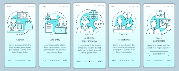 finding part time jobs turquoise onboarding mobile app page screen vector template. receptionist. walkthrough website steps with linear illustrations. ux, ui, gui smartphone interface concept