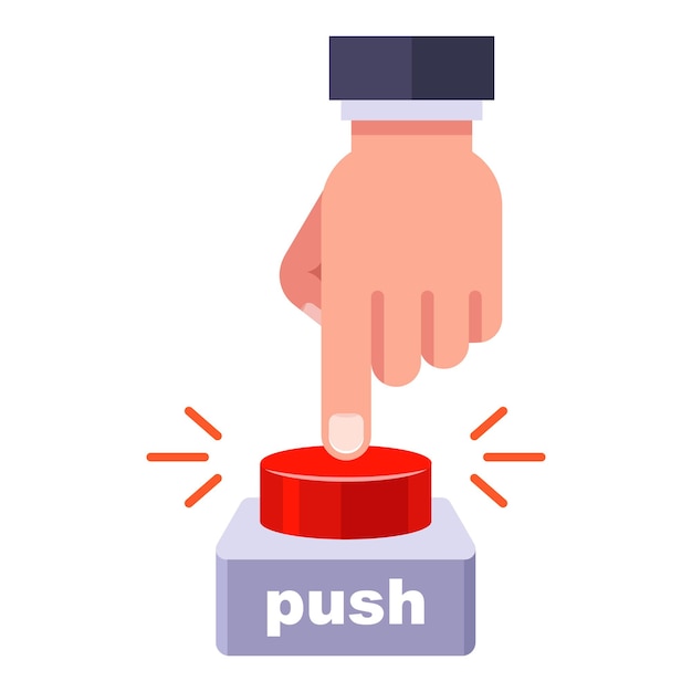 Finger presses the red button. staff call button. flat vector illustration.