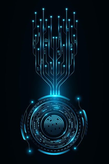 Fingerprint scan with futuristic HUD circle Glowing computer circuit board with electronics details Biometric data security User interface design Vector illustration