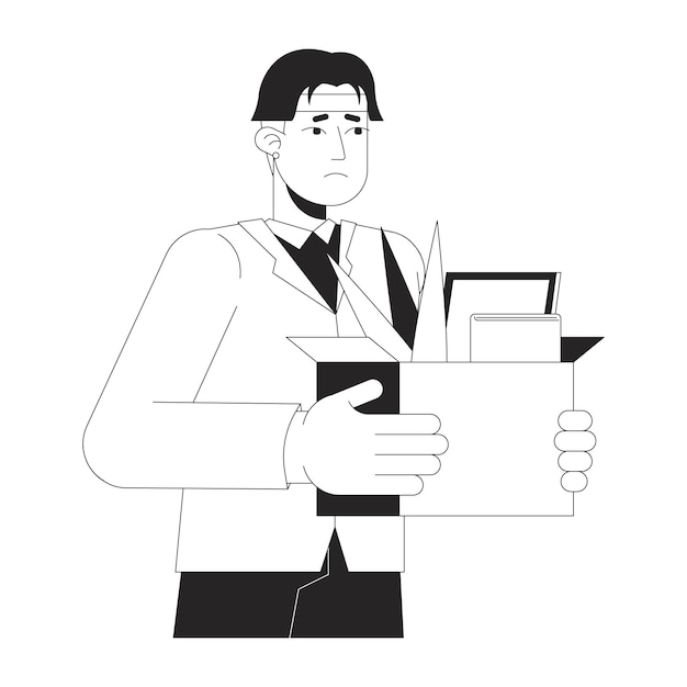 Fired asian man leaving workplace black and white 2D line cartoon character