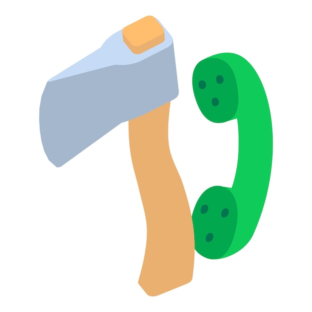 Firewood cutting icon isometric vector Green retro telephone receiver and an ax Firewood splitting service