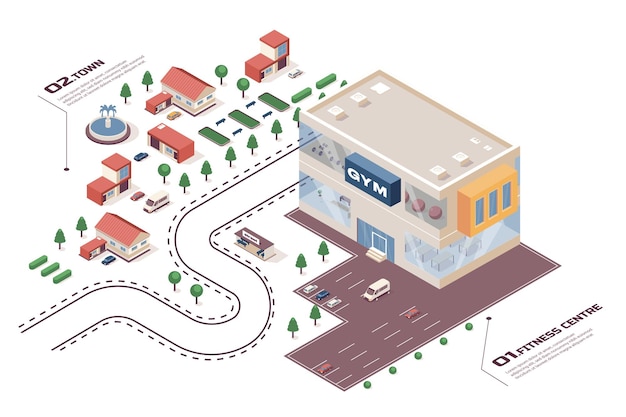 fitness gym concept 3d isometric web infographic workflow process infrastructure map with sport club for workout trainings parking town buildings vector illustration in isometry graphic design