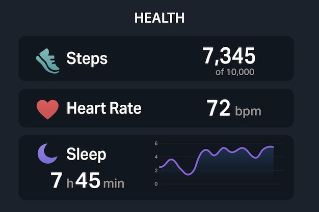 fitness tracker interface displaying steps heart rate and sleep data