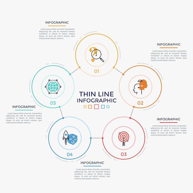 five circular elements with linear icons and numbers inside connected into hexagonal chart. concept of 5 steps of cyclic process. modern infographic design template. vector illustration for report.