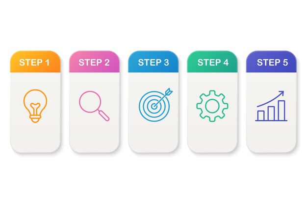 Five vertical modern steps with colored tabs and icons