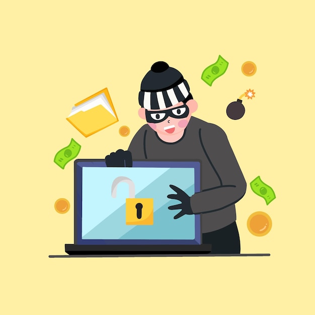 Flad illustration af hacker ved bærbar computer