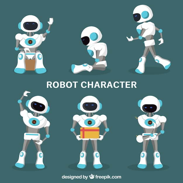 Flad robotfigur med en samling af forskellige stillinger